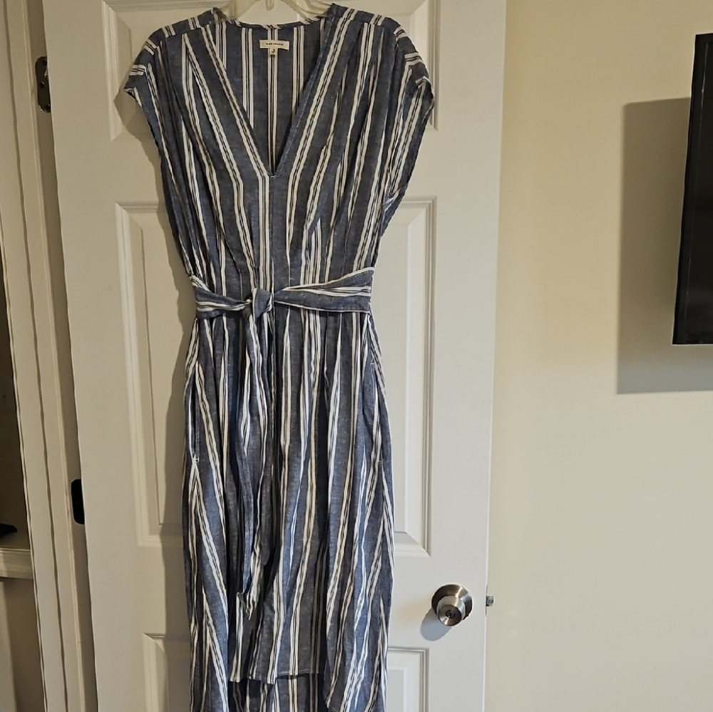 Max Studio Blue and White Striped V-Neck Tie-Waist Dress